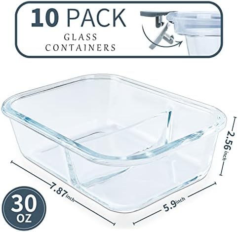 KOMUEE 10 Packs 30oz Glass Meal Prep Containers 2 Compartments