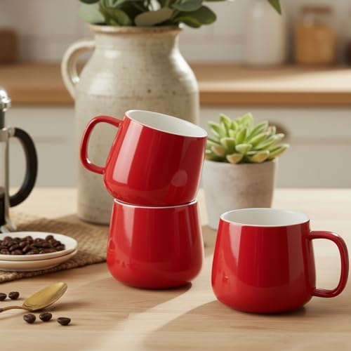 Teocera Coffee Mugs Set of 6-12oz Chip-Resistant Ceramic Cups with Ergonomic Handle | Dishwasher & Microwave Safe Red Mugs | Keeps Beverage Hot, Perfect for Family Kitchen & Holiday Gifts