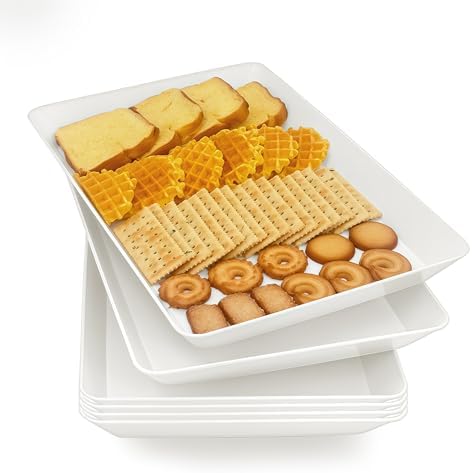 Serving Tray Platter, 6 Pcs Food Tray for Veggie Fruit Snack Dessert Cookie Cheese, Food Trays for Party Supplies Display, Plastic Platters for Serving Food, Large White Trays, BPA Free