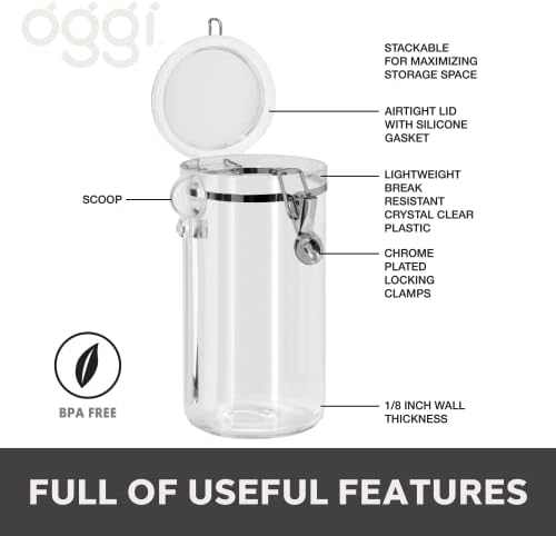 Oggi Clear Canister Airtight-Clamp Lid&Spoon-Airtight Food Storage Container,for Kitchen&Pantry Storage of Bulk,Dry Foods,Pasta,Flour,Sugar,Coffee,Rice,Tea,Spices&Herbs,72 Fluid Ounces (Pack of 12)