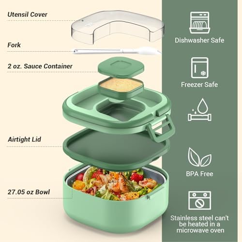 PEDECO Single-Layer Bento Lunch Box for Kids & Adults with Removable Stainless Steel Lunch Container,Dressing Container,BPA-Free,Dishwasher Safe - Includes Utensil(Green,Not Insulated)