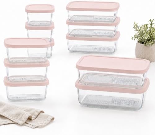 Glass Food Storage Containers with Lids - 22 Piece - 10.5 oz, 17.6 oz, 25.4 oz & 57.5 oz Sets Glass with BPA-Free Leak Resistant Stackable Lids - Microwave, Oven & Dishwasher Safe - Berry Blush