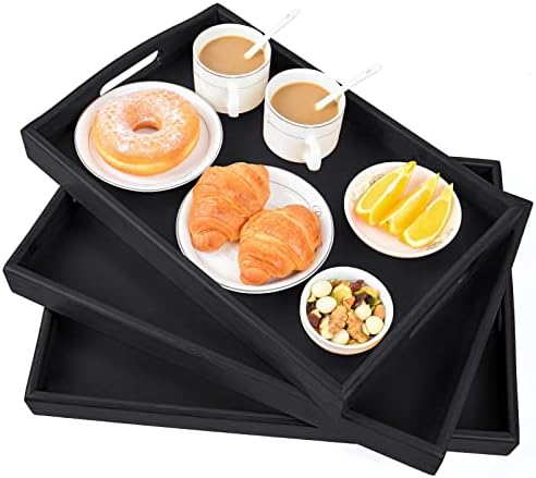 3 Pack Bamboo Serving Trays with Handles, Wooden Food Trays (Black