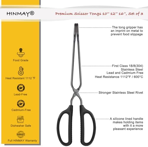 HINMAY 10" 12" 16" Stainless Steel Kitchen Scissor Tongs Set, Set of 3