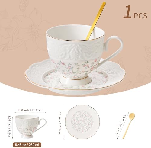 TATSUMI Interglio Embossed Bone China Tea Cup and Saucer Set, 3 Pieces Vintage Style Coffee Cup & Saucer Set For Women Wedding Gift (Starlight Pink, 1 set)