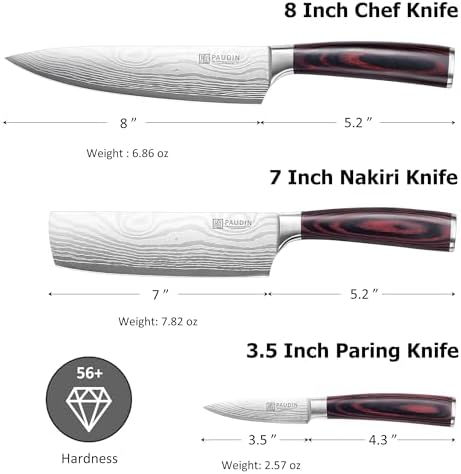 PAUDIN Kitchen Knife Set, 3 Piece High Carbon Stainless Steel Professional Chef Knife Set with Ultra Sharp Blade & Wooden Handle (Kitchen Knife Set 3 Pcs)