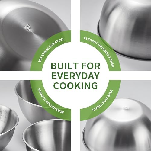 304 Stainless Steel Mixing Bowls Set of 5, 1.1/1.6/1.9/2.5/3.5 QT Food Grade Metal Bowls with Measurement Marks, Dishwasher Safe & Stackable Nesting for Baking, Salads, Meal Prep, RV & Camping
