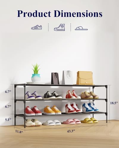 Kitsure Shoe Rack - Non-Woven Shoe Rack Shelf, 43.3" Wide - 3 Tier, Black