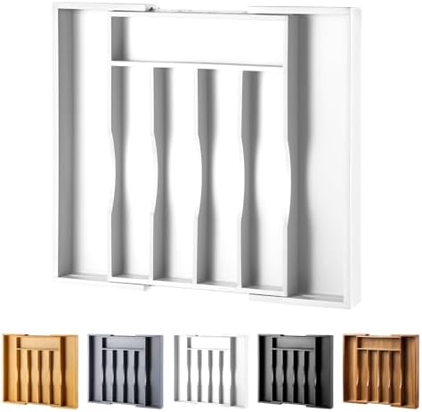 Expandable Bamboo Kitchen Drawer Organizer for Cutlery and Utensils, Adjustable Bamboo Wood Cutlery Tray in Drawer for Flatware and Silverware in Kitchen, (White)
