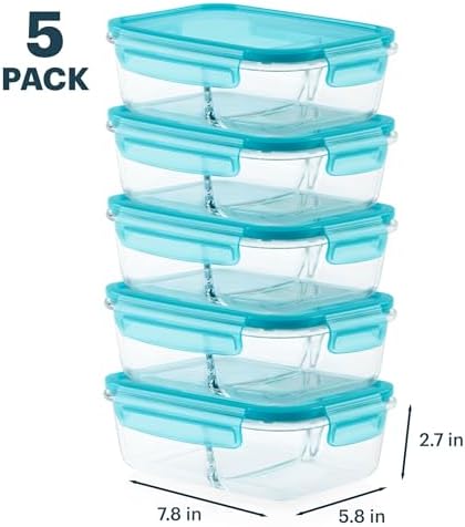 Pyrex Glass Meal Box (5-Pack, 4 Cup) Divided Compartments, Locking Lids