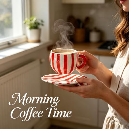 Espresso Cups Ceramic Coffee Mug Series European Striped Dot Coffee Cup And Saucer Mug Cake Plate Afternoon Tea Set Tea Cup And Saucer (Red 2)