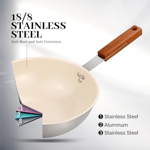 MARSKITOP Ceramic Wok with Lid, 9.5 Inch Stainless Steel Nonstick Stir Fry Pan with Wooden Handle, Compatible with All Stovetops, PFAS Free