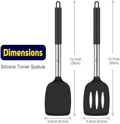 HOTEC Silicone Spatula Set of 2, High Heat-Resistant & BPA-Free Kitchen SaptulaTurner with Stainless Steel Handles, Slotted & Solid Spatulas for Nonstick Cookware, 13.7 Inch, Black