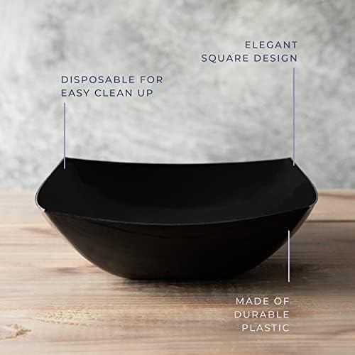 PLASTICPRO Disposable Square Serving Bowls, Party Snack or Salad Bowl, Plastic Black Pack of 4, 32 OUNCE, Black