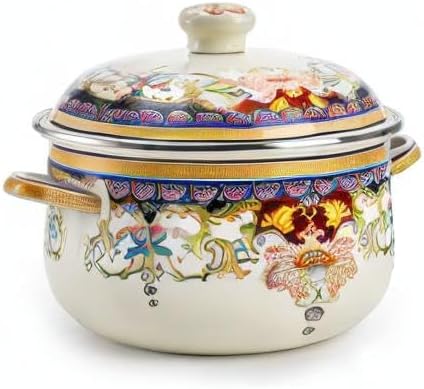 ZENFUN Kitchen Enamel Stockpot with Lid, 4.5 Quart Retro Flower Stew Bean Cooking Pot, Vintage Thicken Soup Pot with Handles, Nonstick, Safe for Induction Cookers, Gas Stove
