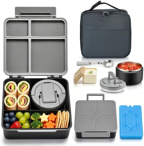Bento Lunch Box with 8oz Soup Thermo,Kids Leakproof 4 Compartment Lunch Food Containers with Sauce Cup and Ice Pack,Kids Thermo Insulated Hot Food Jar and Lunch Bag for School,Trvael-Black