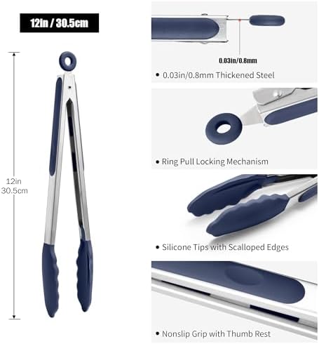 Doosu Kitchen Tongs with Silicone Tips for Cooking Serving (12in, Navy)
