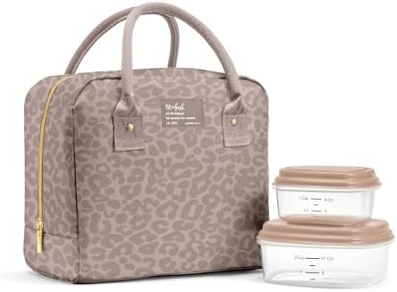 Fit & Fresh Bloomington Lunch Bag for Women - Insulated Large Lunch Box for Work with Containers, Leak-Resistant, Stain-Resistant, Zipper Closure, Mocha Feline Fine