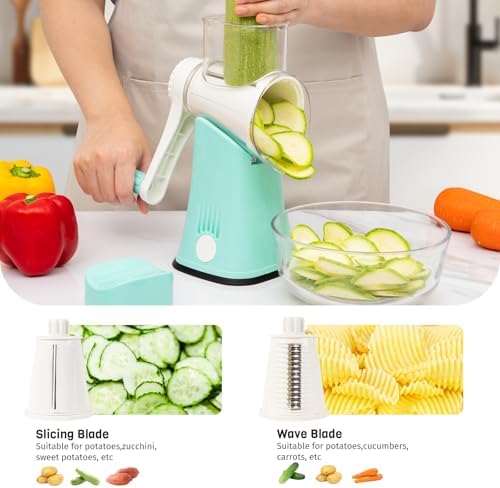 5-in-1 Rotary Cheese Grater Hand Crank, Vegetable Slicer Shredder with 5 Interchangeable Blades, Graters for Kitchen, Safe Kitchen Tool for Cheese, Nuts, Chocolate, Blue