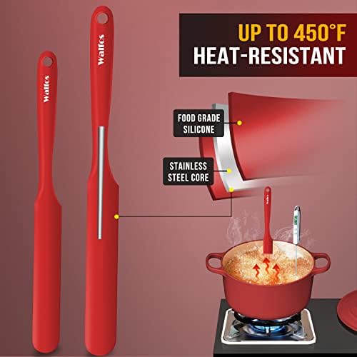 Walfos Silicone Jar Spatula - High Heat Resistant Kitchen Spatulas(450°F）,Cake Cream Butter Spatulas, for Cooking Mixing -BPA Free and Dishwasher Safe Mixing Batter Scraper Spatula, Red(2pcs)