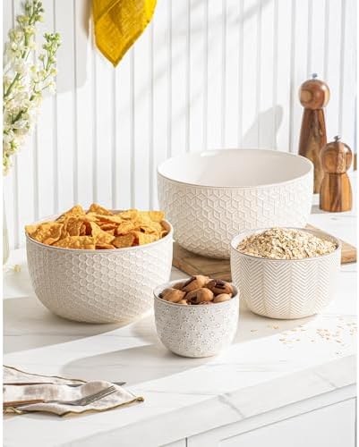 Ceramic Mixing Bowls, Embossed Nesting Bowls Set of 4, Mixing Bowl Set for Serving, Baking, Cooking and Gift, Microwave and Dishwasher Safe, 20/47/99/148 oz, Off-White