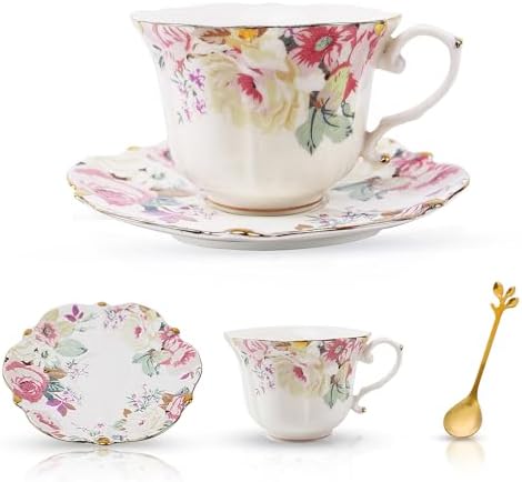 TATSUMI Country Roses Bone China Tea Cup and Saucer Set, 3 Pieces, Vintage Style, For Women and Tea Parties(Pink,1 Set)