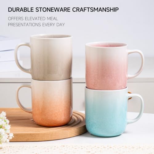 Stoneware Coffee Mugs Set of 4, 14oz Hand-Painted Coffee Cups with Handle