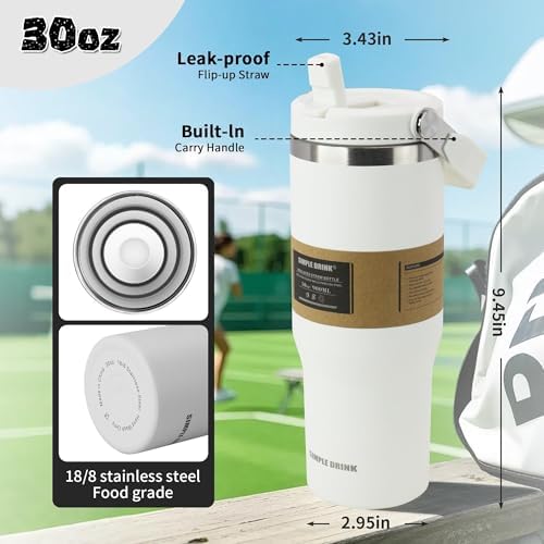 30oz Flip Straw Insulated Water Bottle with Handle, Leak Proof Stainless Steel Travel Coffee Mug, Double Wall Vacuum Tumbler for Cold Drinks, Gym Office Travel Essentials