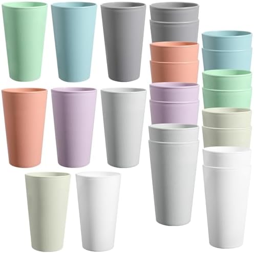HEYCOME Set of 16 Wheat Straw Cups, 16 Pcs 20 oz Unbreakable Drinking Cups, Reusable Plastic Cups Sets, Water Glasses Tumblers, Microwave & Dishwasher Safe, Bpa Free, 8 Colors