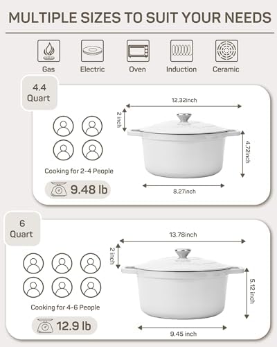 Ciwete Enameled Cast Iron Dutch Oven Pot, 4.4 Quart, Cream White