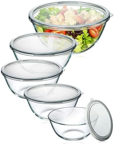 Glass Mixing Bowls with Lids Set of 5(4.78QT,2.2QT,1.7QT,1.1QT,0.85QT),Thick Glass Nesting Bowls for Kitchen Baking,Cooking Prep,Storage,Serving,Large Salad Bowls,Dishwasher Microwave Freezer Safe