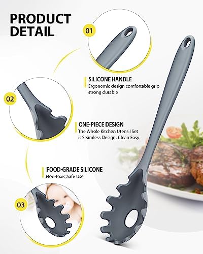 3 Pcs Silicone Kitchen Utensils Set, Soup Ladle-Pasta Fork-Slottede Spoon, Nonstick BPA Free High Heat Resistant Cooking Utensils for Mixing, Serving, Draining, Turning, Stirring
