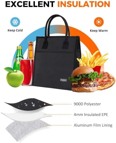Black Insulated Lunch Bag Women Men, Reusable Cooler Tote Thermal Snack Bag