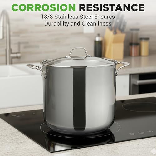 NutriChef 15-Quart Stainless Steel Stock Pot with Tempered Glass Lid - Induction Compatible Large Stockpot, Ideal for Stews & Soups, Dishwasher Safe - NCSP16