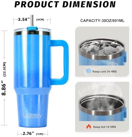 30 oz Shiny Tumbler with Handle and Straw,Stainless Steel Tumbler with Lid and Straw,Insulated Travel Mug(Cold for 34 Hours),Water Bottle for Iced Tea,Coffee (Blue)