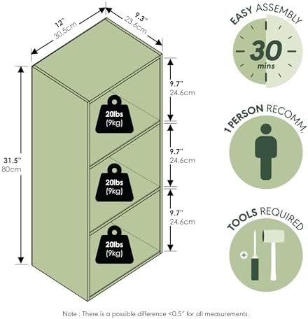 Furinno LUDER Book Shelf, 3-Cube Bookshelf, Bookcase with Open Shelves, 9.3 x 12 x 31.5, Easy Assembly, for Living Room, Bedroom, Home Office, Sage Green