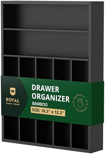 ROYAL CRAFT WOOD Luxury Bamboo Kitchen Drawer Organizer - Silverware Organizer - Utensil Holder and Cutlery Tray with Grooved Drawer Dividers for Flatware and Kitchen Utensils (7 Slot, Black)