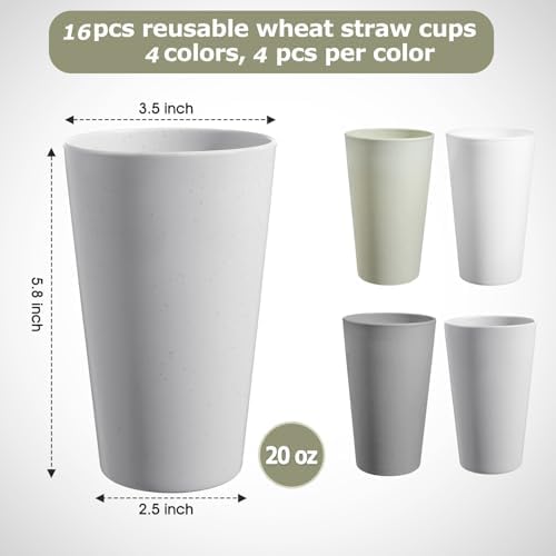 HEYCOME Set of 16 Wheat Straw Cups, 16 Pcs 20 oz Unbreakable Drinking Cups, Reusable Plastic Cups Sets, Water Glasses Tumblers, Microwave & Dishwasher Safe, Bpa Free, 4 Colors