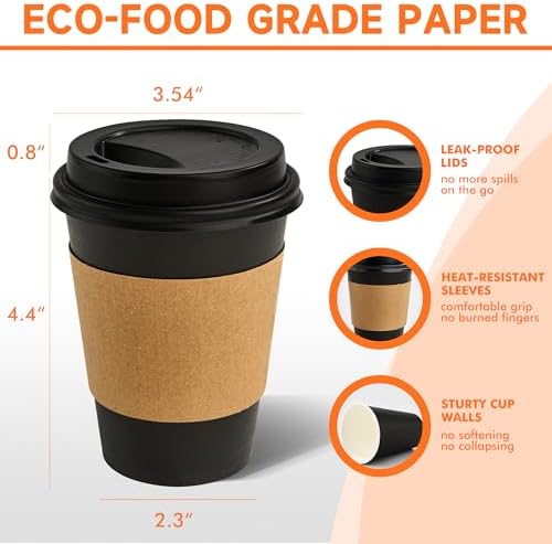 METAPRINT 500 Pack 12 oz Disposable Coffee Cups with Lids and Sleeves,Black
