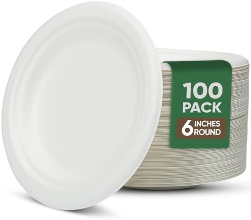 TaidMiao 6 inch Paper Plate 100 Pack Small Disposable, 100% Compostable