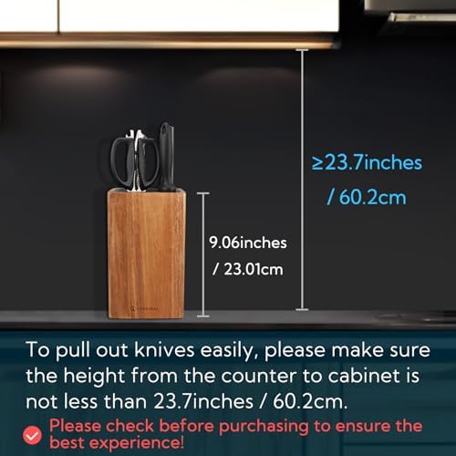 KITCHENDAO Deluxe Universal Knife Block with Slots for Scissors and Sharpening Rod - Acacia Wood Knife Block For Safe, Space Saver Knives Storage - Unique Slot Design to Protect Blades