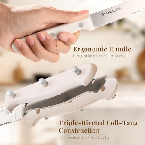 Astercook Steak Knives Set of 8, High Carbon Stainless Steel Steak Knife Set with Full Tang Handle, Dishwasher Safe Serrated Knife, Elegant Cream White