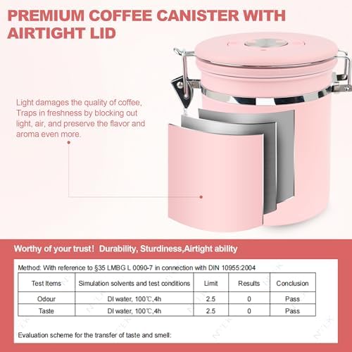 ShanSon Coffee Canister Airtight, Stainless Steel Bean Storage Container with Date Tracker & Scoop, Grounds Sugar Flour Tea Cereal Fits Kitchen Pantry, Ideal Gift for Coffee Lovers,22oz, Pink