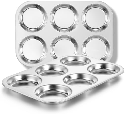 E-far Muffin Top Pan Set of 2, Stainless Steel 6-Cavity Shallow Cupcake Pan for Baking Whoopie Pie, Yorkshire Pudding, Eggs, Cornbread, Drop Cookies, Non-toxic & Standard Size, Oven & Dishwasher Safe