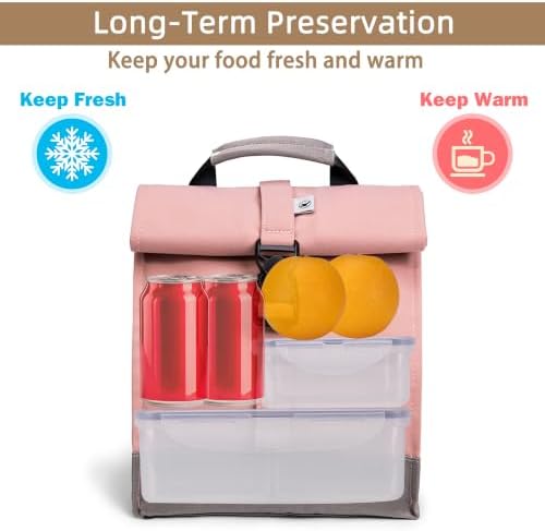 SUNNY BIRD Insulated Lunch Bag Rolltop Lunch Box (Pink with pink shoulder strap)