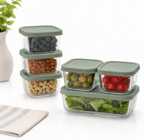 Glass Food Storage Containers with Lids - 12 Piece - 3 x 10.5 oz, 1 x 26.5 oz & 2 x 40.57 oz Glass with BPA-Free Leak Resistant Stackable Lids - Microwave, Oven & Dishwasher Safe - Ideal - Soft Sage