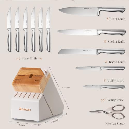 Astercook Knife Set for Kitchen with Block Sharpener 14Pcs Dishwasher Safe