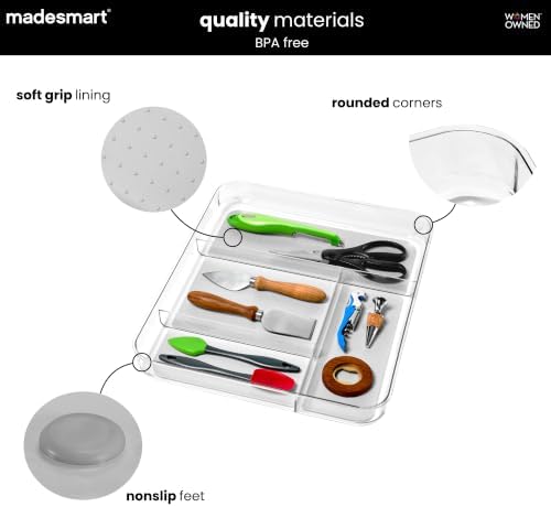 madesmart Clear 4 Compartment Drawer Organizer, Grey