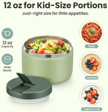 Pawtong 12oz Insulated Vacuum Food Jar with Buckle Lid Wide Mouth Soup Thermo for Hot Food Kids Leakproof Stainless Steel Lunch Container- Green- 1Pack