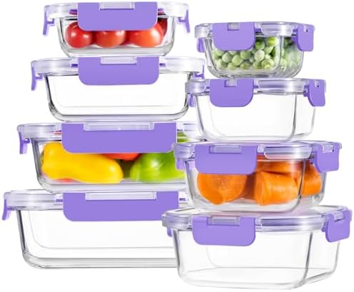8 Pack Glass Food Storage Containers with Snap Locking Lids for Meal Prep